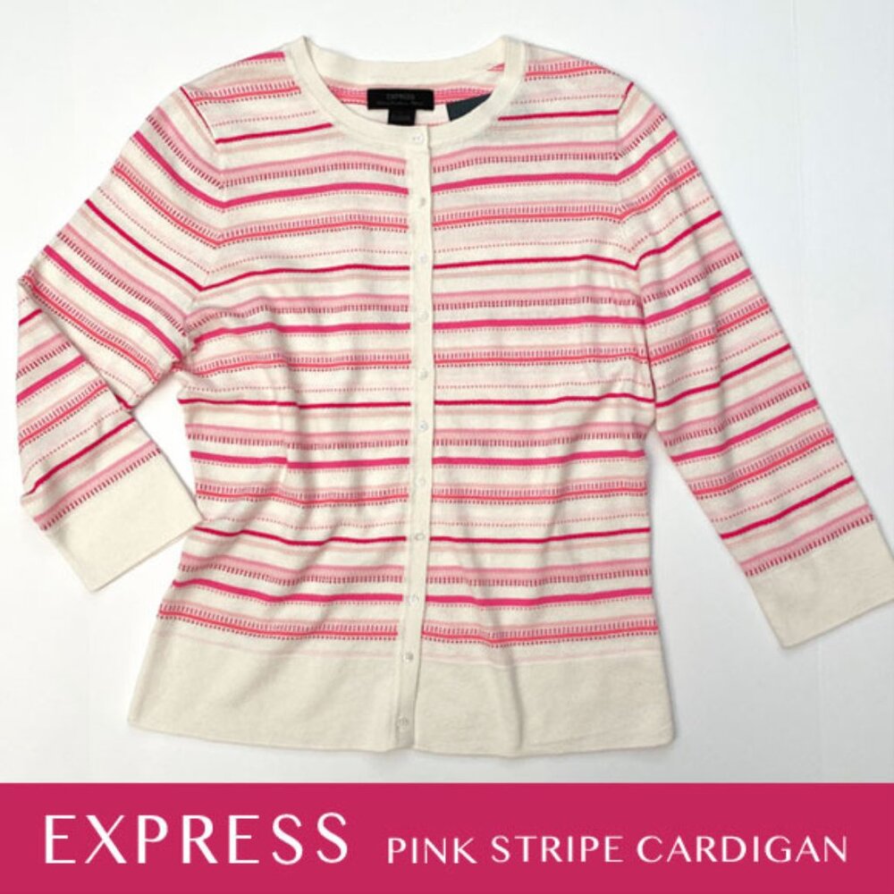 Express Pink/Ivory Stripe Cardigan Cotton/Cashmere blend Size L